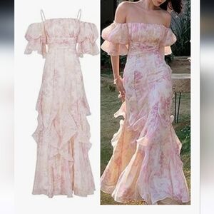 Off-Shoulder Pink Floral Maxi Dress